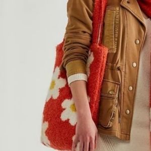 NWOT Free People Bright Red-Orange Daisy Fuzzy Textured Tote Bag Shopper
